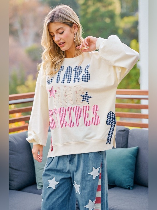 BiBi Tops - BiBi 4th Of July Stars And Stripes Patches Sweatshirt